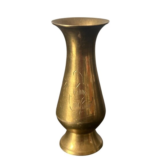 VTG Brass Bud Vase Decorative Etched Design 3.75" World Market Boho Aged Patina - Picture 1 of 5